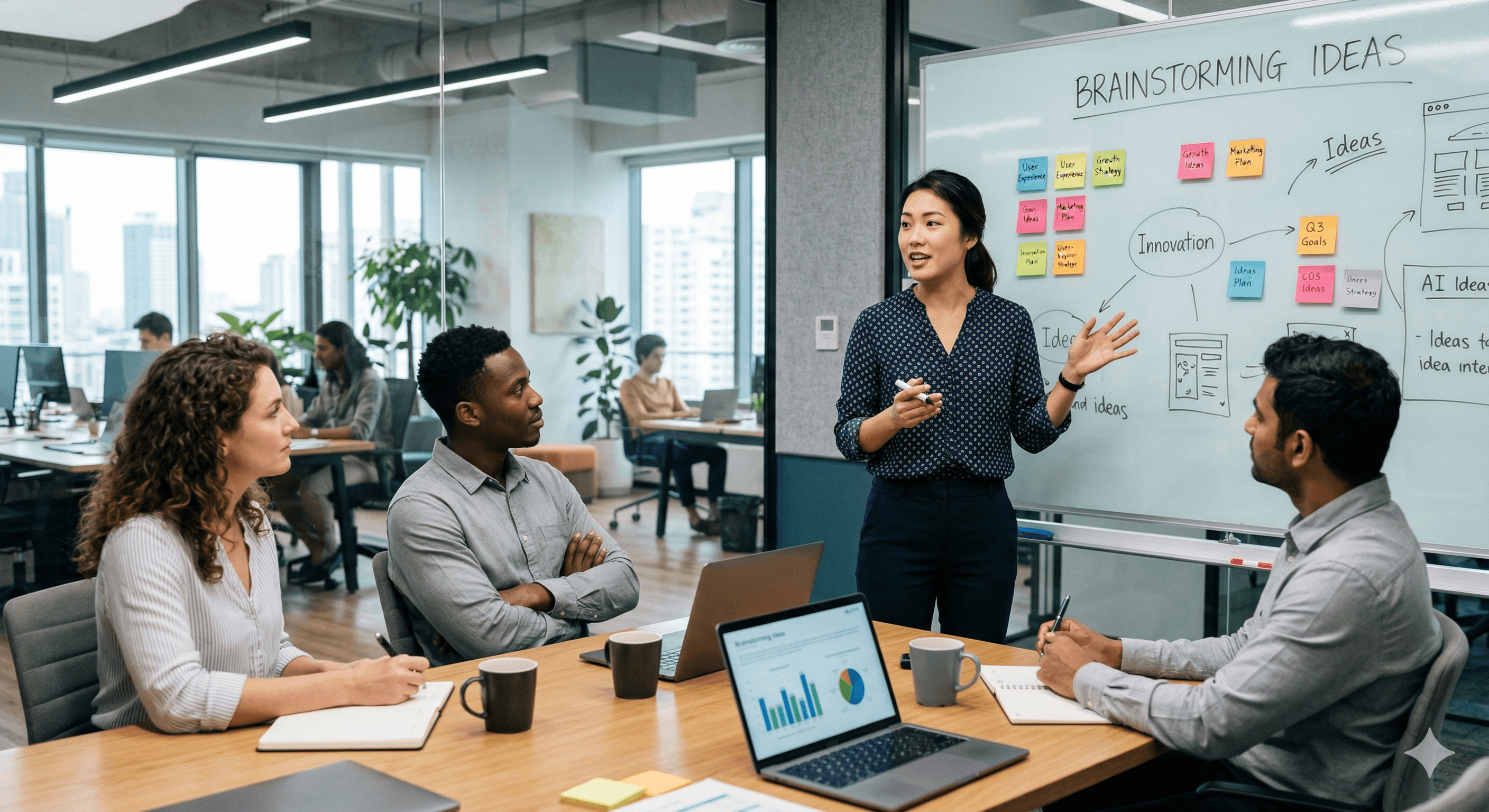 Team brainstorming AI product ideas around a whiteboard with innovation mapping